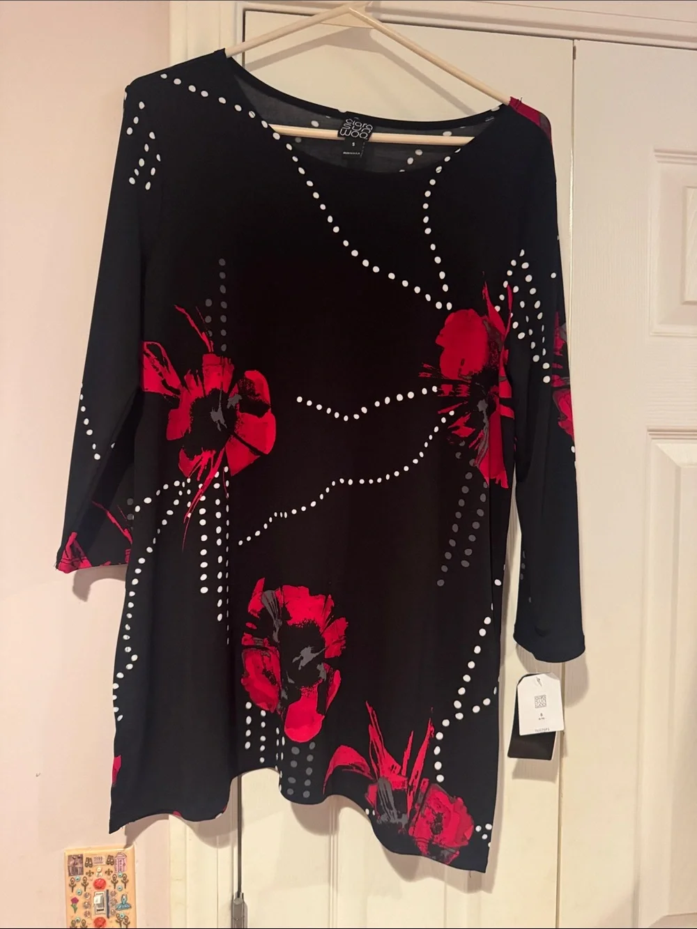 Sun Woo Studio Black Tunic with Red Floral & White Dot Accents